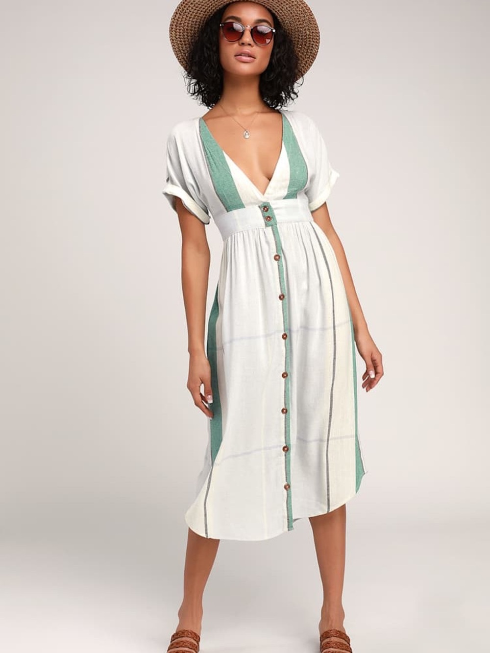 O'Neill White and Sage Green Button-Front V-Neck Midi Dress